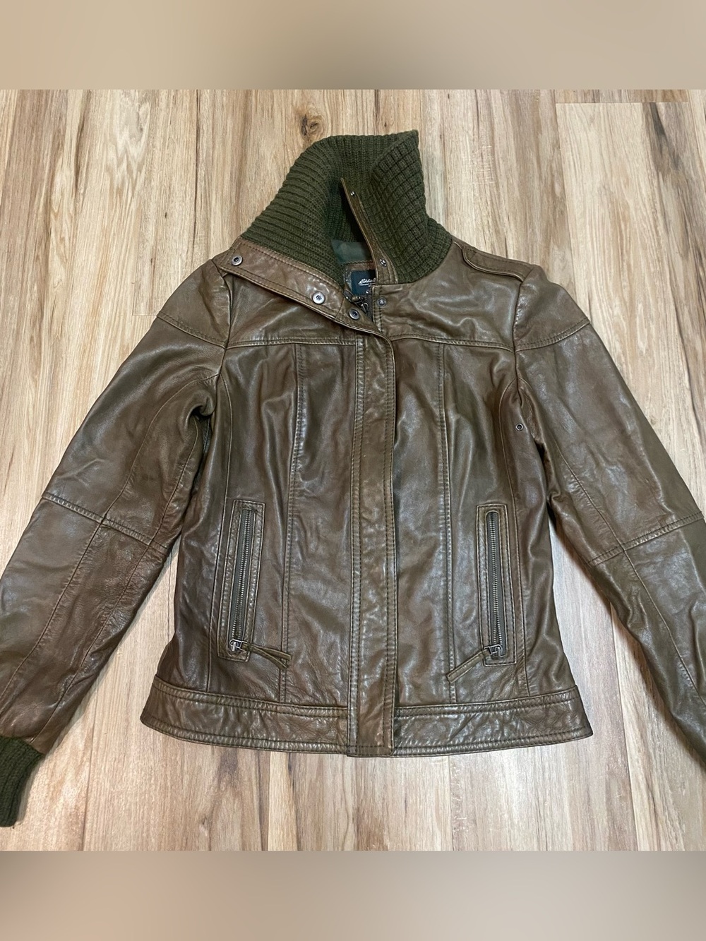 EDDIE BAUER OLIVE GREEN LAMB LEATHER BOMBER JACKST SHAWL KNIT COLLAR SZ XS